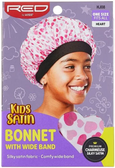 Red by Kiss Kids Satin Bonnet with Wide Band – Heart Print (HJ08) - ANNS BEAUTY SUPPLY